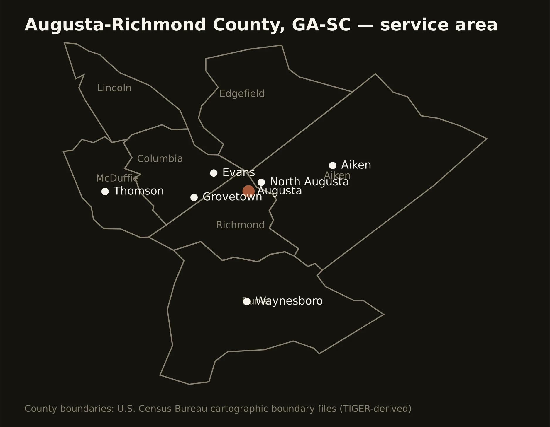 Augusta-Richmond County, GA-SC directional drilling service area map — component counties and cities served